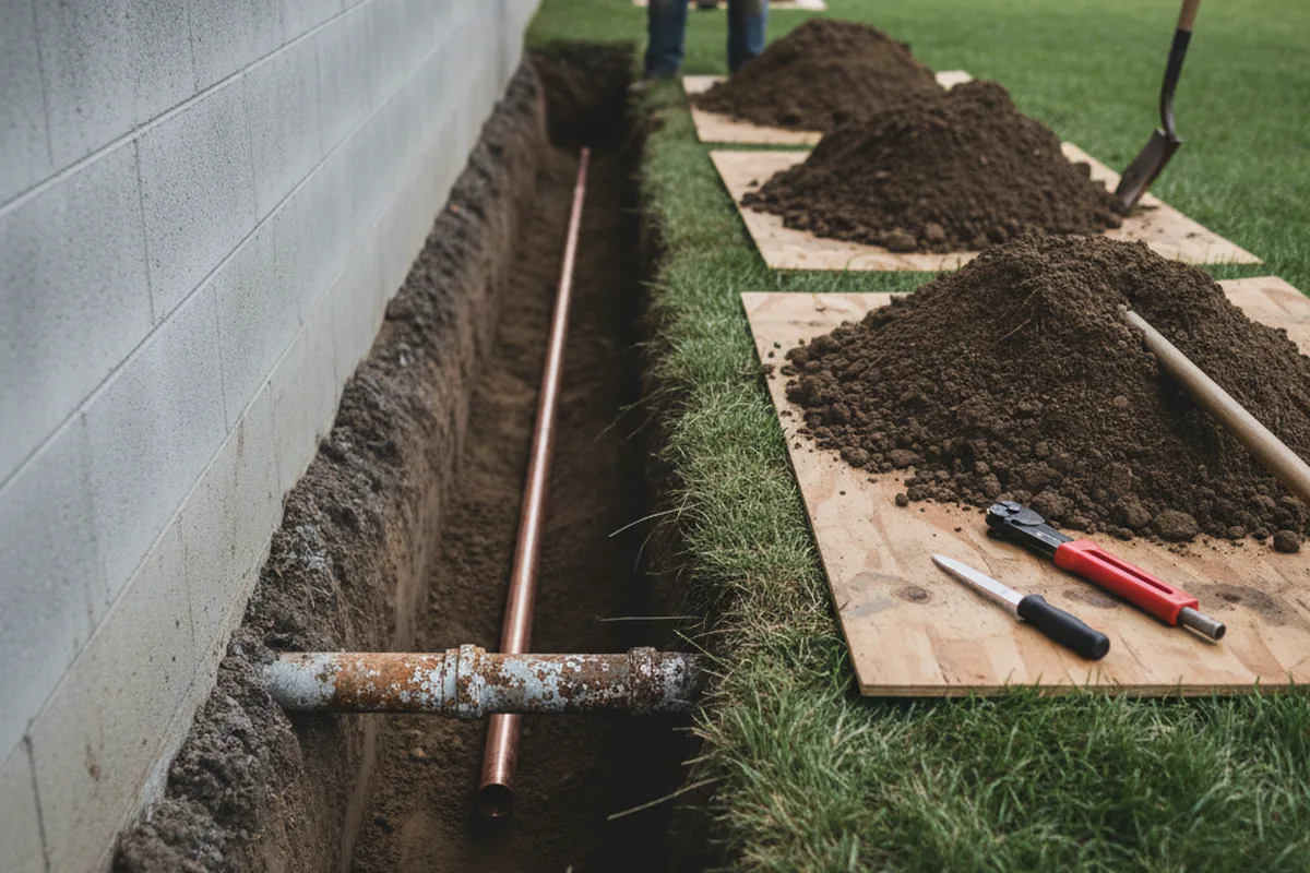 Excavated water line trench during Sewer Line Repair in Glasford